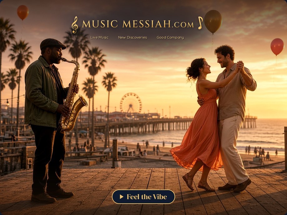 Sax player on a golden-hour boardwalk with balloons, a dancing couple, the pier and a Ferris wheel - tap to feel the vibe